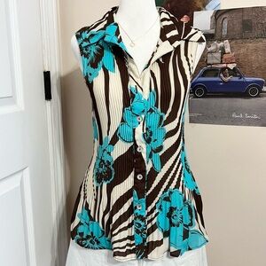Vintage Brown and Blue Floral Sleeveless Blouse